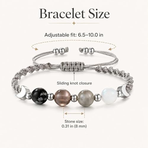 Moon Phase Bracelet for Women, Natural Stone Beaded Bracelet with Crescent Moon Charm, Black Grey White Stretch Bracelets with Message Card, Celestial Jewelry Gift for Women