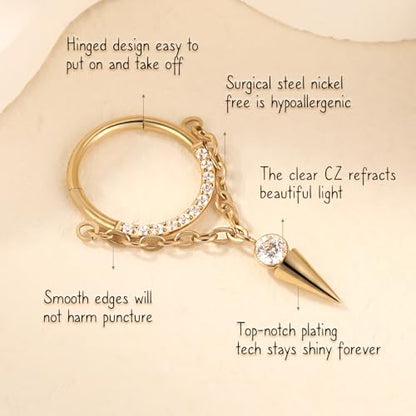 AROWRO Chain Septum Rings 316L Surgical Steel Septum Clicker Daith Piercing Jewelry Dangle Nose Rings for Women 16G 8/10mm Conch Cartilage Hoop Seamless Hinged Septum Jewelry with Clear CZ/Opal - color: Style-5-Gold cone dangle&Clear CZ, size: 16G-8mm
