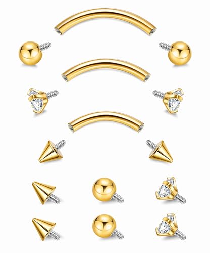 3PCS 16G 18G G23 Pure Titanium Eyebrow Piercing for Women Men Curved Barbell Tiny Eyebrow Ring Vertical Labret Lip Jewelry Internally Threaded Rook Helix Conch Daith Piercing Jewelry - color: Gold, size: 18G
