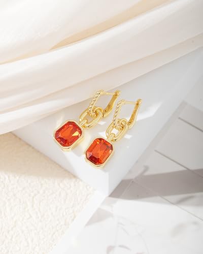 Birthstone Crystal Dangle Drop Earrings, 18K Gold Plated Huggie HoopEarring | Hypoallergenic Earring Jewelry Gifts for Women, Birthdays, anniversaries, weddings - color: Orange-1