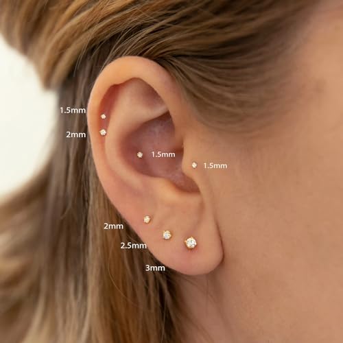 16G/18G/20G Tiny CZ Stud Earrings, Gold Flat Back Earrings, Threadless Cartilage Tragus Piercing Conch Stud Nose Helix Stud - color: CZ -Gold, size: 16 gauge (1.2mm post)