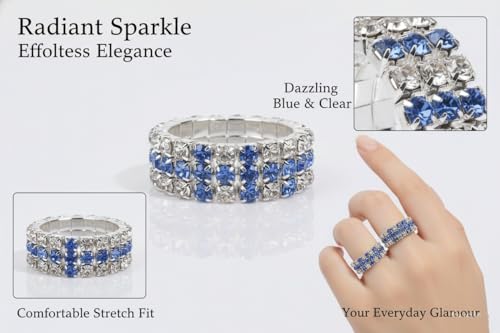Sparkling Rhinestone Ring Set Trendy Elastic Rhinestone Crystal Stretch Ring Stackable Jewelry for Women Girls - color: 3 Rows Ring-Silver+White+Light Blue