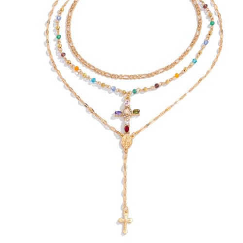 Gold Cross Layered Necklaces for Women,Colorful Crystal Drop Necklace,Gold Cross Pendant Necklace Stack,Fashion Long Tassel Chest Chain Jewelry Layered Rhinestone Neck Chain Accessories - color: Gold-2