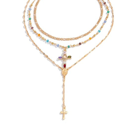Gold Cross Layered Necklaces for Women,Colorful Crystal Drop Necklace,Gold Cross Pendant Necklace Stack,Fashion Long Tassel Chest Chain Jewelry Layered Rhinestone Neck Chain Accessories - color: Gold-2