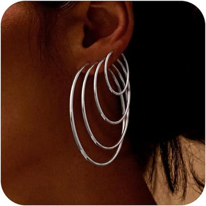 4/10 Pairs Stainless Steel Gold Silver Plated Hoop Earrings Hypoallergenic Dainty Big Small Hoops Earrings Set for Women - color: 4 Pairs Silver Plated Hoop Earrings Set