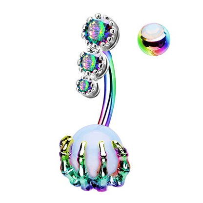 CM Crareesi Mania Skull Hand Halloween Belly Button Rings Natural Stone Claw Piercing Navel Rings for Women - color: Rainbow Claw
