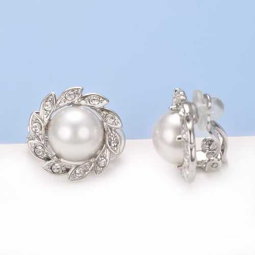 Vintage Pearl Clip On Earrings for Women Silver Rhinestone Earrings