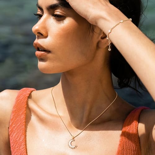 MTMY Gold Moon Pendant Necklace for Women,14K Gold Plated Dainty Chain Crescent Moon Sun Star Necklace Jewelry - style: moon-mother of pearl