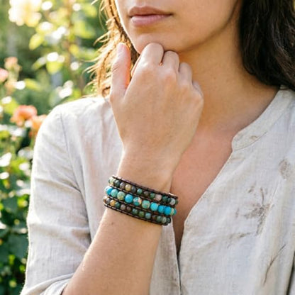 YGLINE Boho Handmade Natural Stone Bead 3 Row Wide Wrap Wrist Statment Bracelet Jewelry Collection - color: agate