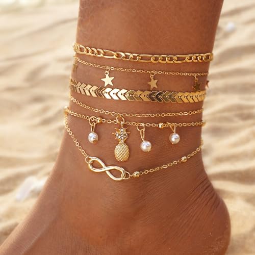 Fesciory 14K Gold Plated Ankle Bracelets Sets For Women, Adjustable Layered Infinite Anklet, Summer Beach Butterfly Star Foot Chain Jewelry Gifts - style: Pineapple(Gold)