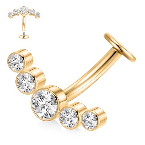 G23 Titanium Belly Jewelry 14G Flat Bottom Floating Belly Button Rings Curved Belly Barbell Navel Ring Belly Piercing 8/10/12/14mm Navel Rings Belly Piercings Jewelry for Women - color: Style5:Gold,5 Round CZ
