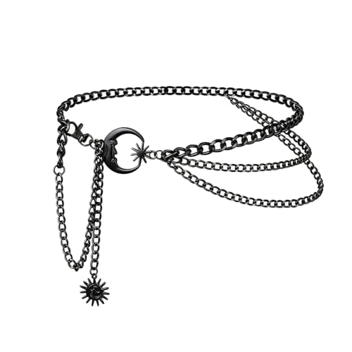 3 Layered Metal Waist Chain Belt for Women Moon & Sun Belly Belt Body Chain Jewelry for Dress Jeans - color: 03 Black