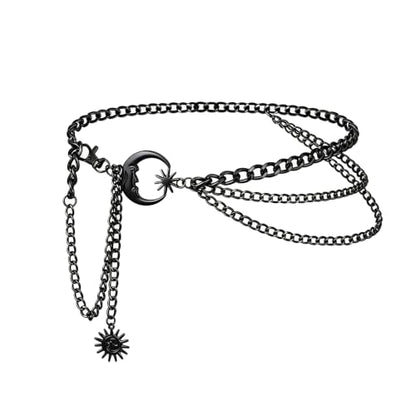 3 Layered Metal Waist Chain Belt for Women Moon & Sun Belly Belt Body Chain Jewelry for Dress Jeans - color: 03 Black