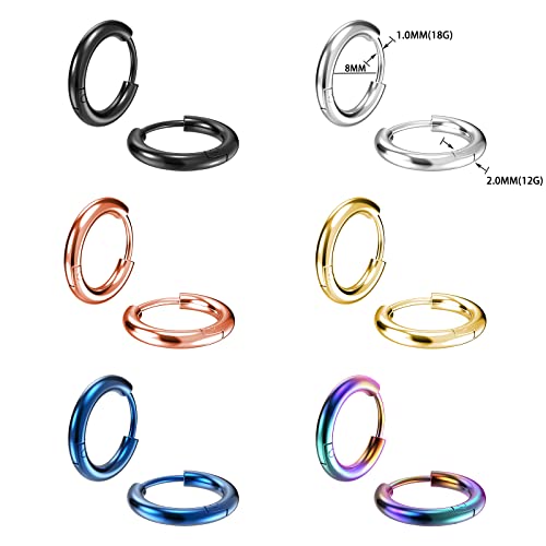 316L Surgical Stainless Steel Small Hoop Earrings 8mm 10mm 12mm 14mm Hypoallergenic Huggie Hoop Earrings Helix Lobes Hinged Sleeper Earrings Cartilage Piercings - color: A: Diameter 8mm (6 Color),6 Pairs