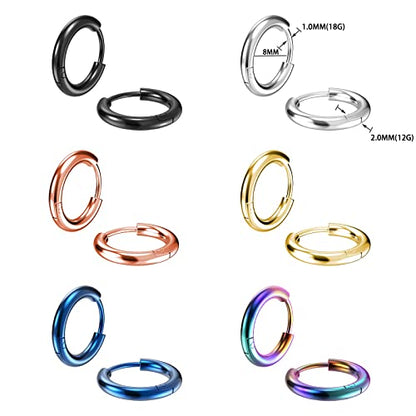 316L Surgical Stainless Steel Small Hoop Earrings 8mm 10mm 12mm 14mm Hypoallergenic Huggie Hoop Earrings Helix Lobes Hinged Sleeper Earrings Cartilage Piercings - color: A: Diameter 8mm (6 Color),6 Pairs