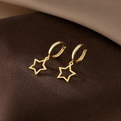 Reffeer Solid 925 Sterling Silver Star Hoop Dangle Earrings for Women Teen Girls Star Drop Earrings Huggie - color: B-Yellow