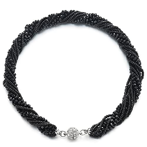 COOLSTEELANDBEYOND Multi-Layer Beads Crystal Braided Chain Choker Collar Magnetic Clasp,Statement Necklace, Bracelet - color: B1-Necklace Black Color