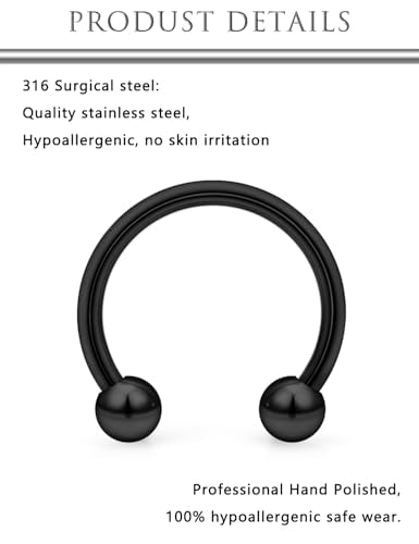 Hoeudjo 16G Septum Rings Stainless Steel Horseshoe Hoop Ring Lip Rings Hoop Smiley Piercing Jewelry for Women Men Diameter 6mm 8mm 10mm 12mm 14mm 16mm - color: black