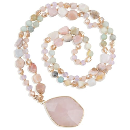 Long Necklaces for Women Boho, Oval Waterdrop Turquoise Pendant, Natural Stone Beaded, Handmade,Vintage & Elegance, Boho Fashion Charm Beaded Necklace for Women - style: F-PinkQuartz Pendant