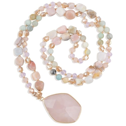 Long Necklaces for Women Boho, Oval Waterdrop Turquoise Pendant, Natural Stone Beaded, Handmade,Vintage & Elegance, Boho Fashion Charm Beaded Necklace for Women - style: F-PinkQuartz Pendant