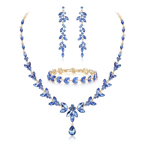 EVER FAITH Marquise Crystal Leaf Bridal Prom Jewelry Set for Women Bride | Rhinestone Wedding Party Necklace Dangle Earrings Tennis Bracelet, for Bridesmaid - color: Light Blue