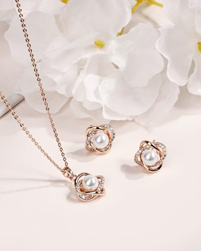 14K Gold Plated and Silver Pearl Jewelry Set for Women - Matching Pearl Necklace and Earring Set with Wrapped Design, June Birthstone Jewelry Set for Gift - color: Rose Gold