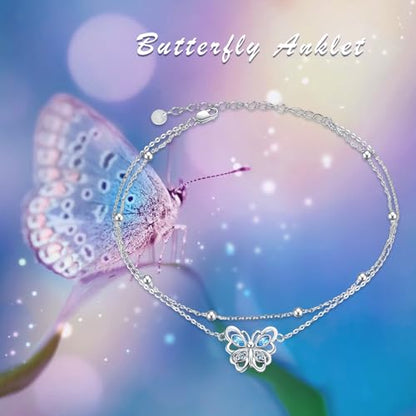 POPLYKE 925 Sterling Silver Double Layered Chain Evil Eye Daisy Sunflower Butterfly Anklets for Women Holiday Beach Crystal Ankle Bracelet Dainty Evil Eye Jewelry - style: Crystal Butterfly Anklet