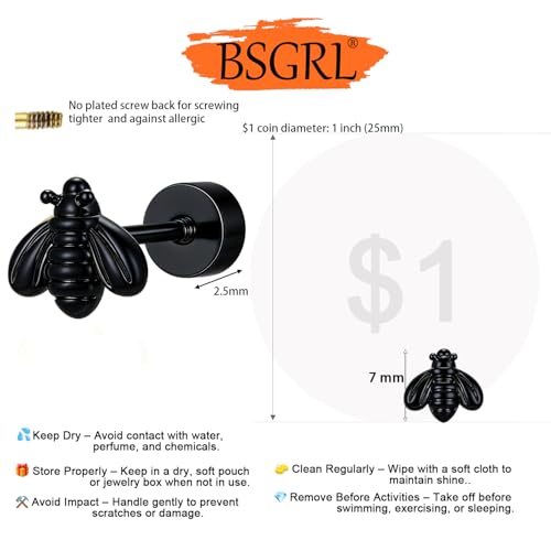 Flat Back Earrings for Women Cartilage Helix | Comfortable Dainty Cute Dragon Bee Bird Phoenix Dragonfly Cute Animal Leaf Spiral Rhombus Design Flatback Stud Earrings - color: Black Bee