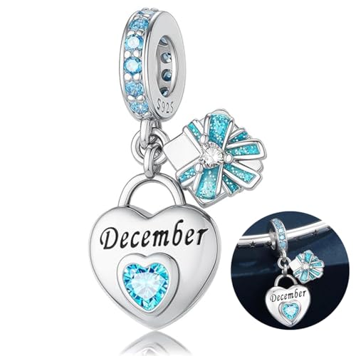 Love Heart Birthstone Dangle Charms Compatible with Pandora Bracelets | 925 Sterling Silver 5A Cubic Zirconia Mother's Day Christmas Birthday Birthstone Gifts Bead Charm Pendants Women Jewelry - color: December Dangle Birthstone Charms