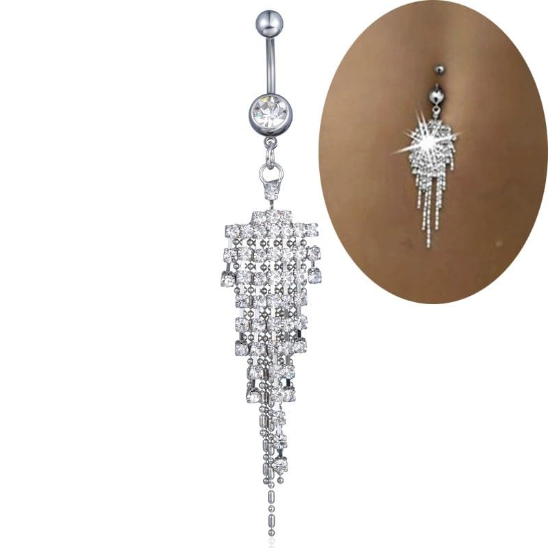14G CZ Tassel Dangle Belly Button Rings for Women Sparkling Cubic Zirconia Crystal Fringe Dangling Belly Navel Studs Rings Navel Curved Barbell Body Piercing Jewelry