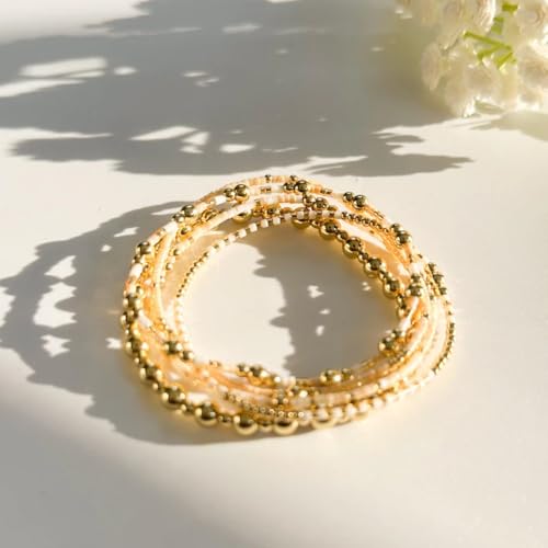 5Pcs Stack Gold Plated Ball Beaded Bracelets Set for Women, Boho Handmade Colorful Glass Pearl Stretch Accessories Jewelry, Summer Beach Daily Wear Holiday Friendship Gift - color: Peach