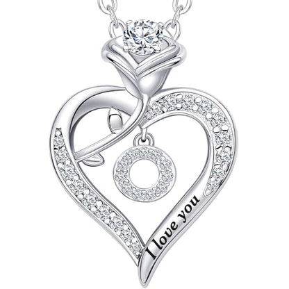 Rose Heart Pendant Necklace Gifts for Wife, Engraved 'I love you' Gift for Wife Girlfriend, Anniversary Birthday Eternity Jewelry Present for Women, Moissanite Necklace Gift for Her - style: O