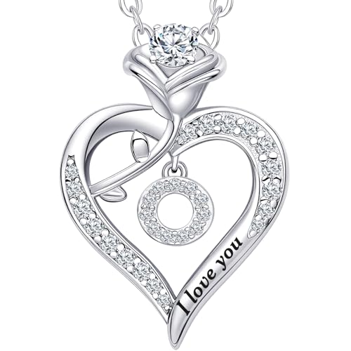 Rose Heart Pendant Necklace Gifts for Wife, Engraved 'I love you' Gift for Wife Girlfriend, Anniversary Birthday Eternity Jewelry Present for Women, Moissanite Necklace Gift for Her - style: O