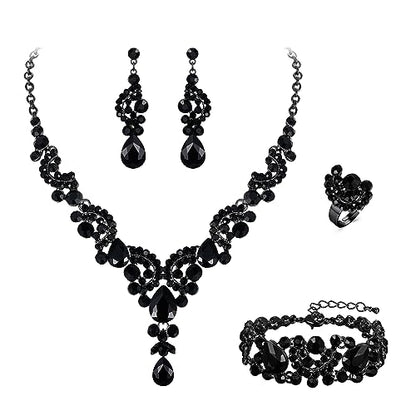 EVER FAITH Rhinestone Crystal Bridal Floral Wave Teardrop Necklace Earrings Set - color: 4pcs_Black Black-Tone