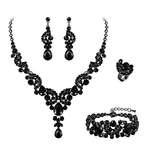 EVER FAITH Rhinestone Crystal Bridal Floral Wave Teardrop Necklace Earrings Set - color: 4pcs_Black Black-Tone