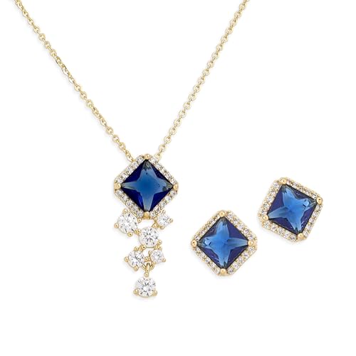 Gold Silver Stud Earrings Pendent Necklace Sets for Women, Dainty Rhinestone Crystal Necklace Earing Jewelry Set Wedding Accessories Fashion Holiday Gift - color: blue Navy rhinestone