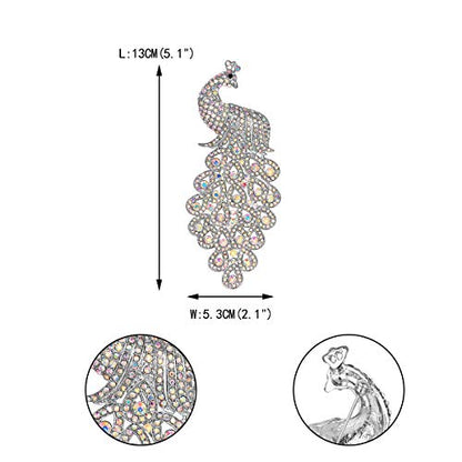 EVER FAITH New 5 Inch Peacock Pin Brooch Pendant Austrian Crystal - color: Silver-Tone Iridescent Clear AB