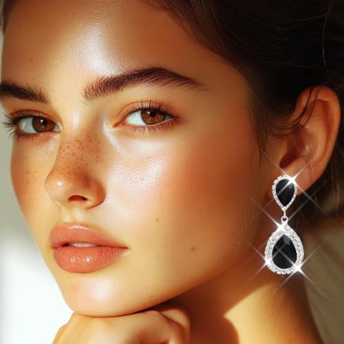 Catery Crystal Wedding Earrings Silver Rhinestone Ear Rings Teardrop Bridal Ear Jewelry for Brides and Women - color: Black