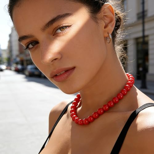 Boho Gothic Thick Red Pearl Necklace Pendant Cute Chunky Seed Bead Chain Choker Dainty Round Beaded Strand Collar Short Simple Delicate Statement Exaggerated Minimalist Jewelry for Women