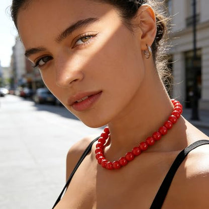 Boho Gothic Thick Red Pearl Necklace Pendant Cute Chunky Seed Bead Chain Choker Dainty Round Beaded Strand Collar Short Simple Delicate Statement Exaggerated Minimalist Jewelry for Women