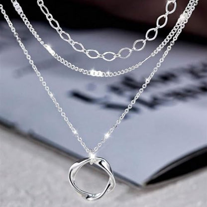 925 Silver Layered and 14K Gold Plated Necklace for Women – Circle Pendant Adjustable Stacking Chain, Retro Modern Jewelry for Special Occasion Gift - color: Silver