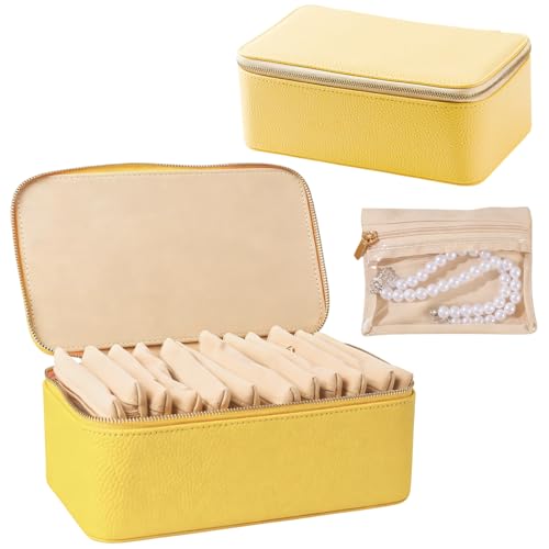 Travel Jewelry Case with 12 Velvet Zipped Pouches Bags, Yellow | Lychee grain textured, pu leather surface & soft velvet lining, for jewelries necklaces rings earrings sorting storage - color: Yellow - 12 Pouch