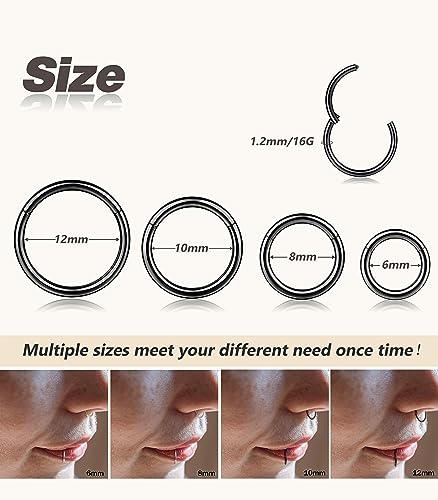 4/5/8 pcs 16G/18G/20G 316L Surgical Steel Hinged Nose Rings Hoops Lip Septum Rings Helix Conch Rook Cartilage Tragus Earrings Piercing Jewelry Black Silver Gold Plated Nose Rings Women Men - color: Black - 16G (6mm-12mm) - 8PCs
