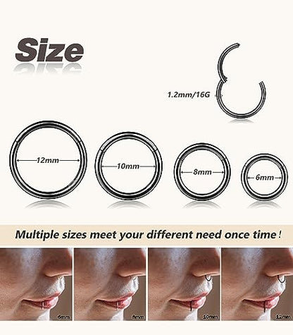 4/5/8 pcs 16G/18G/20G 316L Surgical Steel Hinged Nose Rings Hoops Lip Septum Rings Helix Conch Rook Cartilage Tragus Earrings Piercing Jewelry Black Silver Gold Plated Nose Rings Women Men - color: Black - 16G (6mm-12mm) - 8PCs