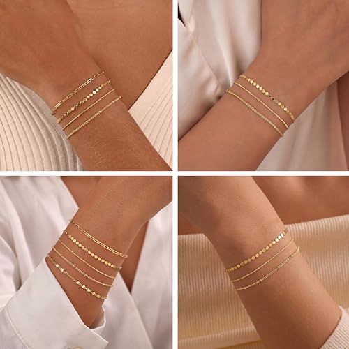 Dainty 14K Gold Plated Bracelets for Women Waterproof, Non Tarnish Gold Jewelry Sets, Thin Stackable Link Paperclip Chain Bracelet Pack Fashion Accessories Gifts for Womens - style: 5Pcs BRACELET SET-01