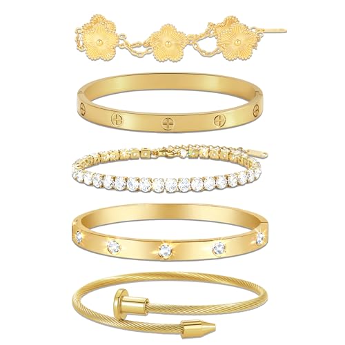 18K Gold Plated Love Bangle Bracelet Stack for Women, Adjustable Clover Bracelet & CZ Tennis Chain Set, Stackable Layered Jewelry, Fade Resistant, Long-Lasting Luster for Daily Wear & Gift - color: 5Pcs Gold