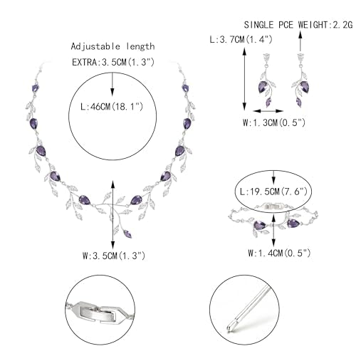 Cubic Zirconia Leaf Vine Wedding Jewelry Set for Bride Women Bridesmaid | Pear-Shaped Birthstone, Necklace Dangle Earrings for Bridesmaid, Silver-Plated-Brass - color: 3pcs_Purple