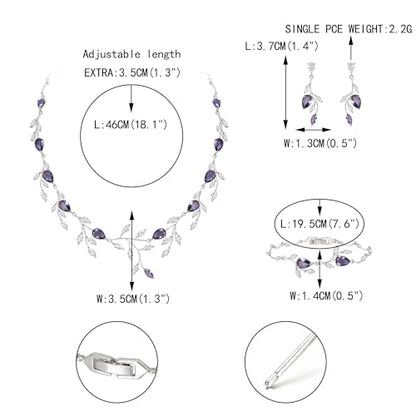 Cubic Zirconia Leaf Vine Wedding Jewelry Set for Bride Women Bridesmaid | Pear-Shaped Birthstone, Necklace Dangle Earrings for Bridesmaid, Silver-Plated-Brass - color: 3pcs_Purple