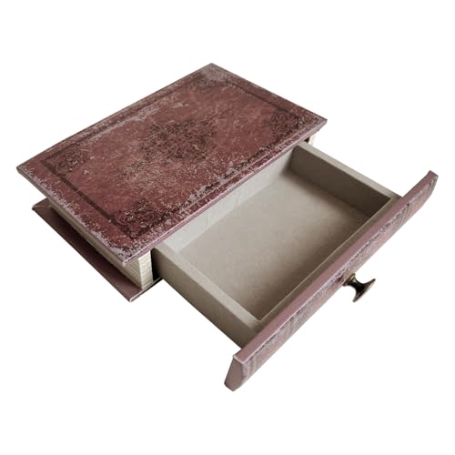 Book Storage Box with Drawer, Distressed Reddish Brown Faux Leather Cover with Classic Damask Pattern, Hidden Vintage-Style Organizer for Jewelry or Keepsakes, 9.5″ x 6.7″ x 2″ - color: Distressed Reddish Brown, size: M