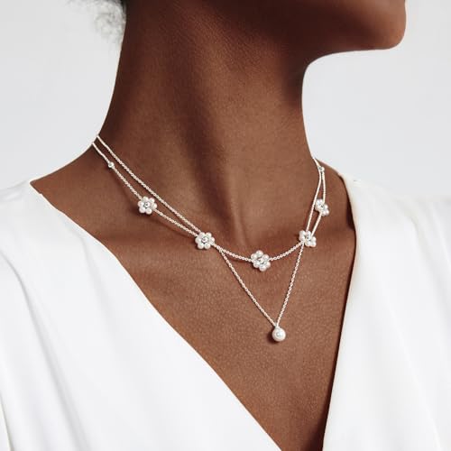 Zeffy Gold Pearl Necklace for Women, Dainty 14K Gold/Silve Plated Layered Pearl Choker Pearl Earrings Pearl Bracelets Wedding Trendy Gold Jewelry Set for Women Gifts - style: Silver Pearl Daisy Necklace-2PCS